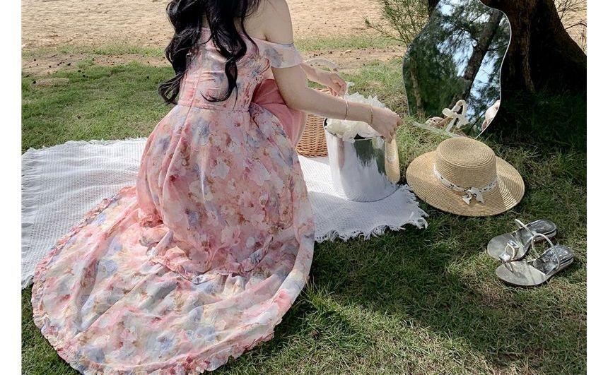 Ruffle Strap Floral Print Asymmetrical Midi Layered Sundress Product Image