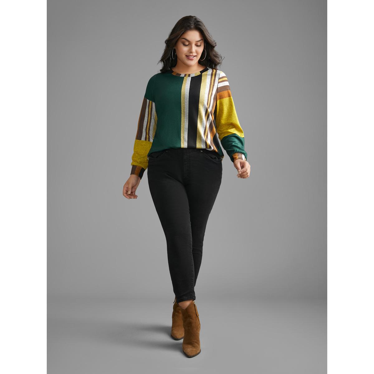 Plus Size Colored Striped Crew Neck T-shirt Multicolor Women Casual Contrast Round Neck Loose Everyday T-shirts BloomChic 28/5X Product Image