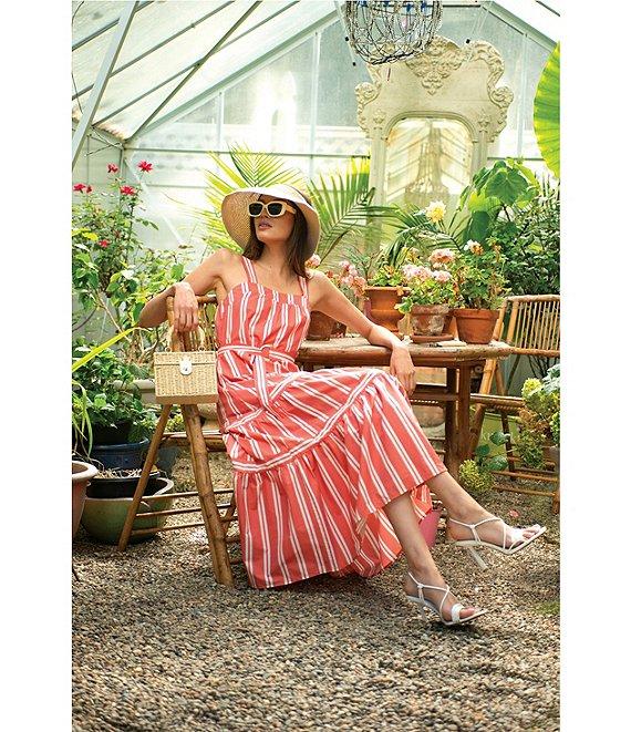ELAN Stripe Cotton Blend Square Neck Sleeveless Belted Maxi Dress Product Image