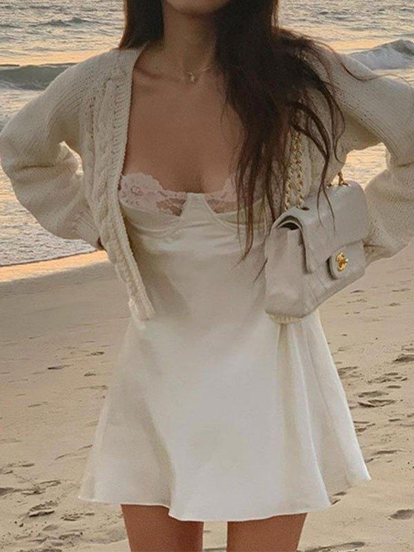 Backless Lace Paneled Slip Mini Dress Product Image