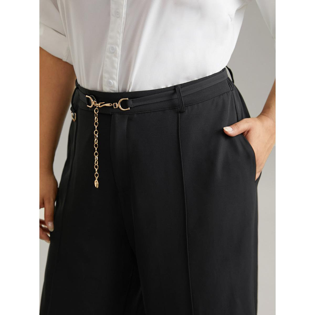 Plus Size Static-Free Elastic Waist Chain Belted Pleated Pants Women Black Office Straight Leg High Rise Office Pants BloomChic 22-24/3X Product Image