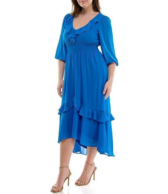 Moda Tara Plus Size 3/4 Sleeve Tiered Ruffled Smocked Chiffon Midi Dress Product Image