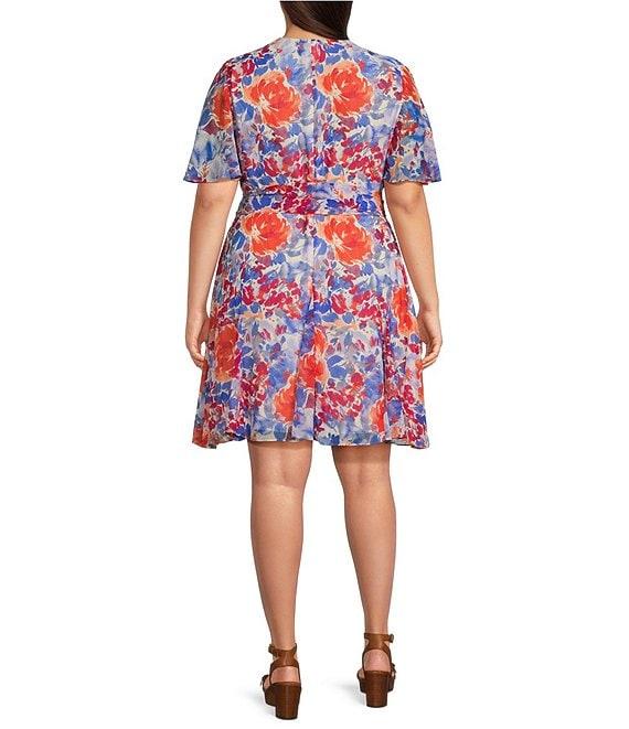Lauren Ralph Lauren Plus Size Floral Print Surplice V-Neck Flutter Sleeve Belted Fit and Flare Dress Product Image