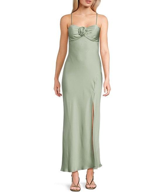 Next Up Satin Sweetheart Neck Front Rosette Side Slit Midi Dress Product Image