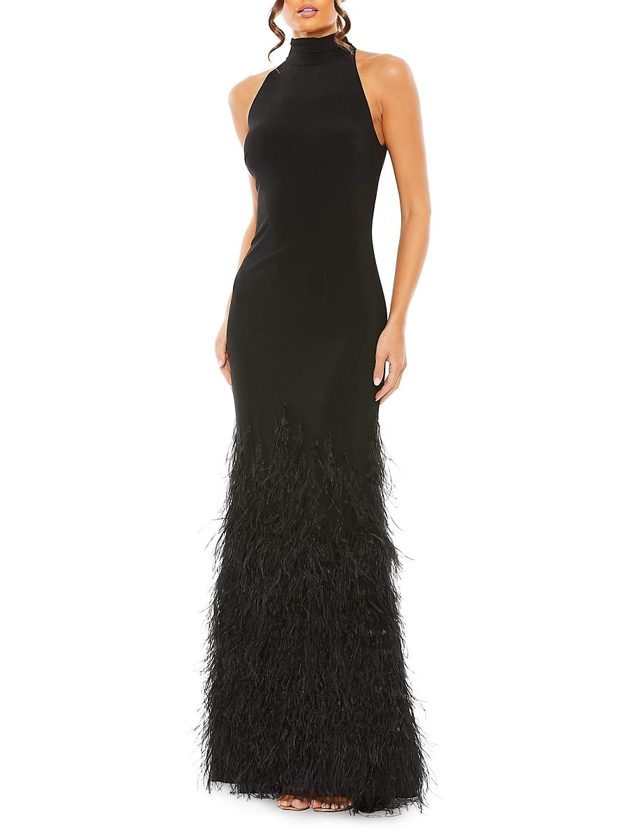 Mac Duggal Feather Tiered Detail Jersey Halter Gown Product Image