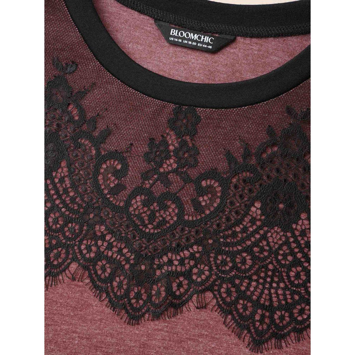 Plus Size Stretchy Scalloped Lace Color Contrast T-Shirt Russet Women Timeless Contrast Round Neck Elegant T-shirts BloomChic 10/M Product Image