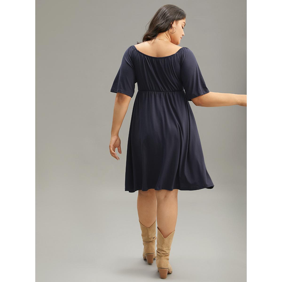 Plus Size Supersoft Essentials Striped Patchwork Pocket Gathered Square Neck Dress Indigo Women Casual Gathered Square Neck Short sleeve Curvy Midi Dress BloomChic 30/6X Product Image