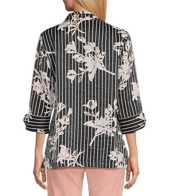 Multiples Shimmer Woven Floral Wire Collar 3/4 Turn-Up Cuff Sleeve Button-Front Shirt Product Image