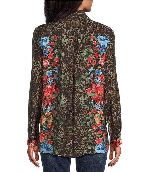 John Mark Petite Size Animal Skin Floral Multi Print Point Collar Long Roll-Tab Sleeve Button Front Tunic Product Image