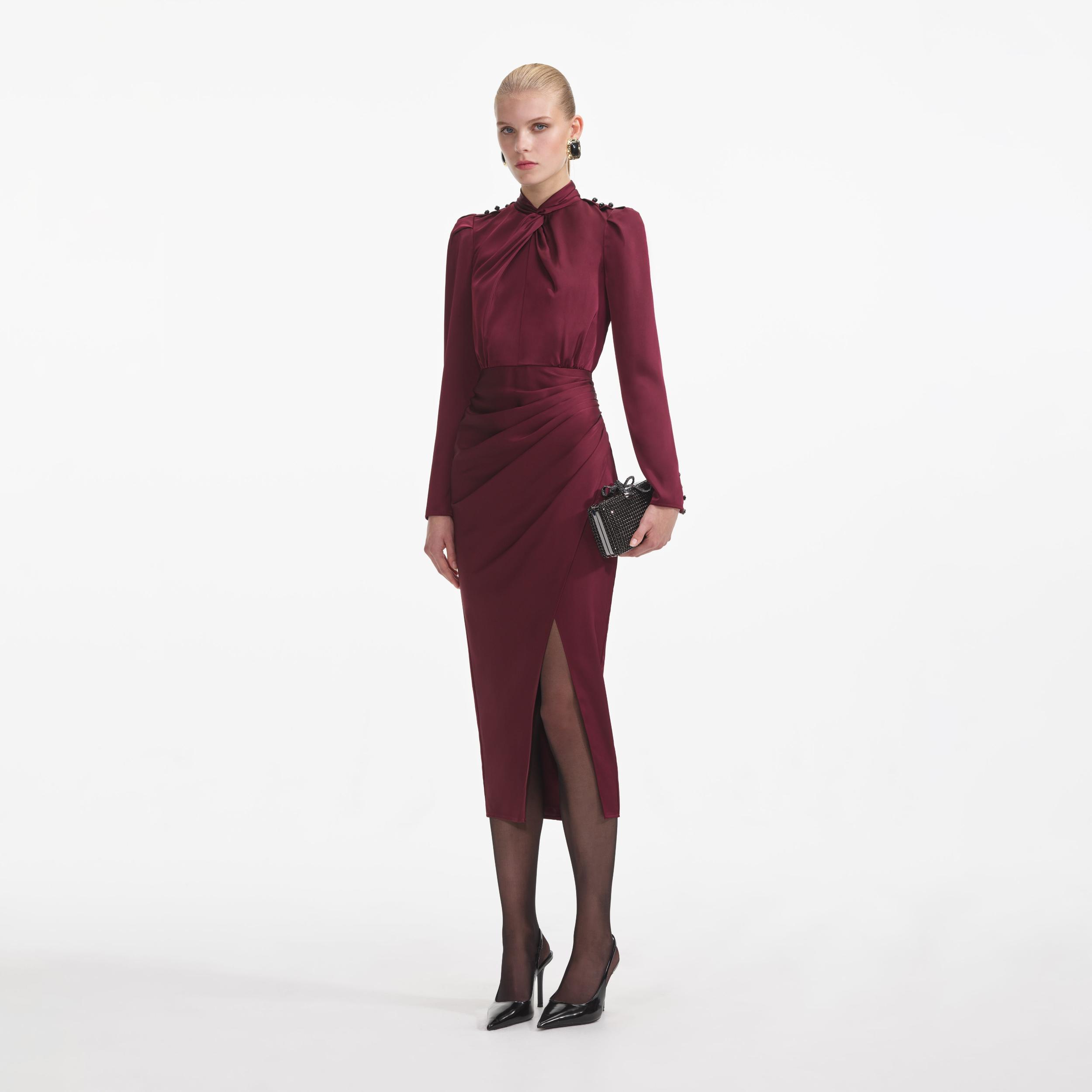Burgundy Satin Midi Dress Product Image
