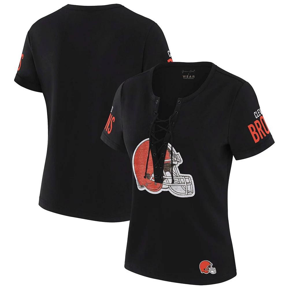 Women's WEAR by Erin Andrews x Gracie Hunt Black Cleveland Browns Draft Me Lace-Up T-Shirt,  Product Image
