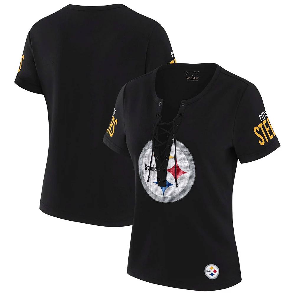 Women's WEAR by Erin Andrews x Gracie Hunt Black Pittsburgh Steelers Draft Me Lace-Up T-Shirt, Size: Small Product Image