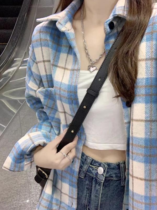 Vintage Plaid Print Brushed Long Sleeve Blouse Product Image