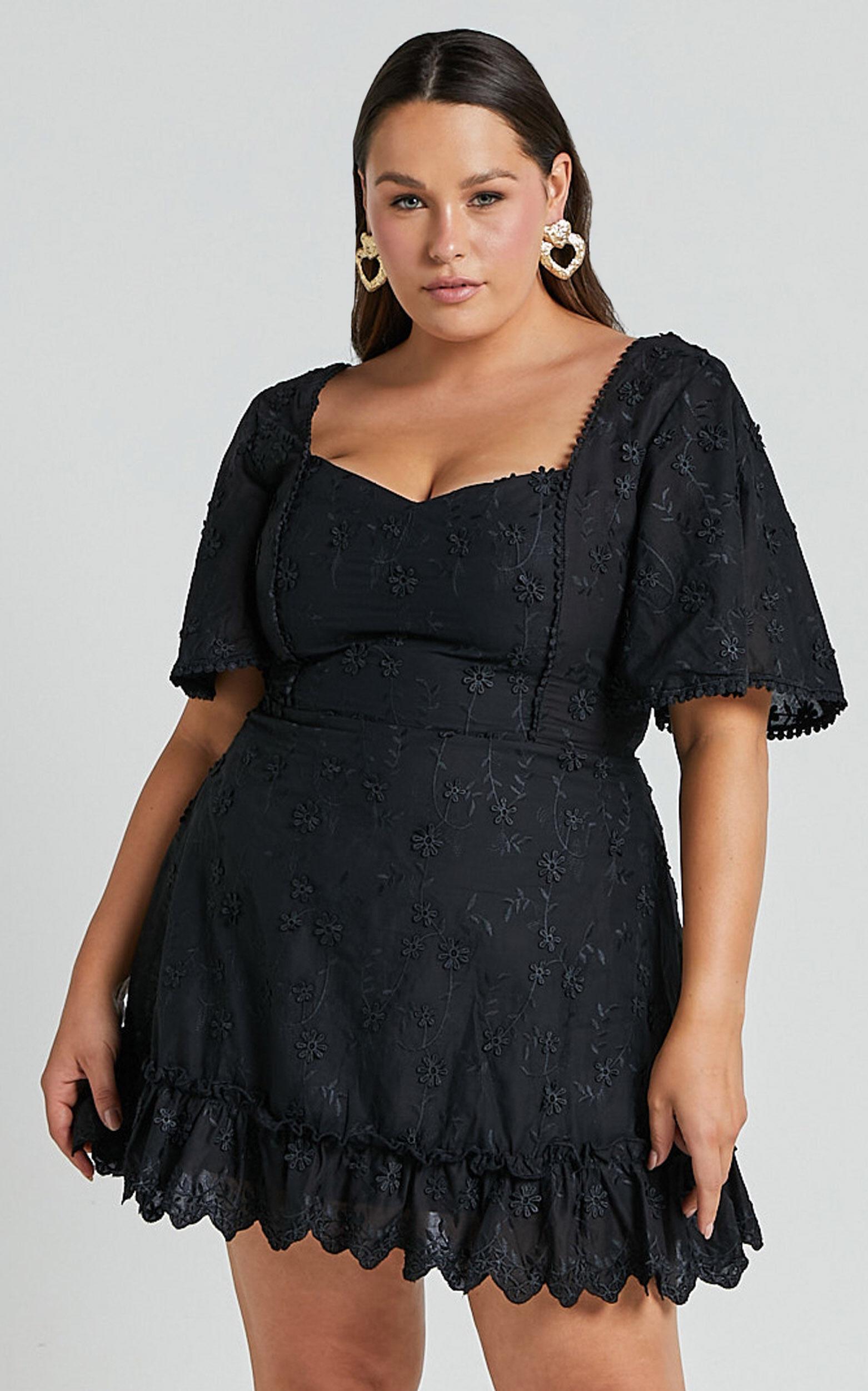 Fancy A Spritz Mini Dress - Square Neck Dress in Black Embroidery Product Image