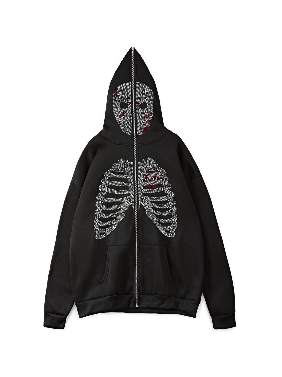 Men's Halloween Rhinestone Skull Zip Up Hoodie Product Image