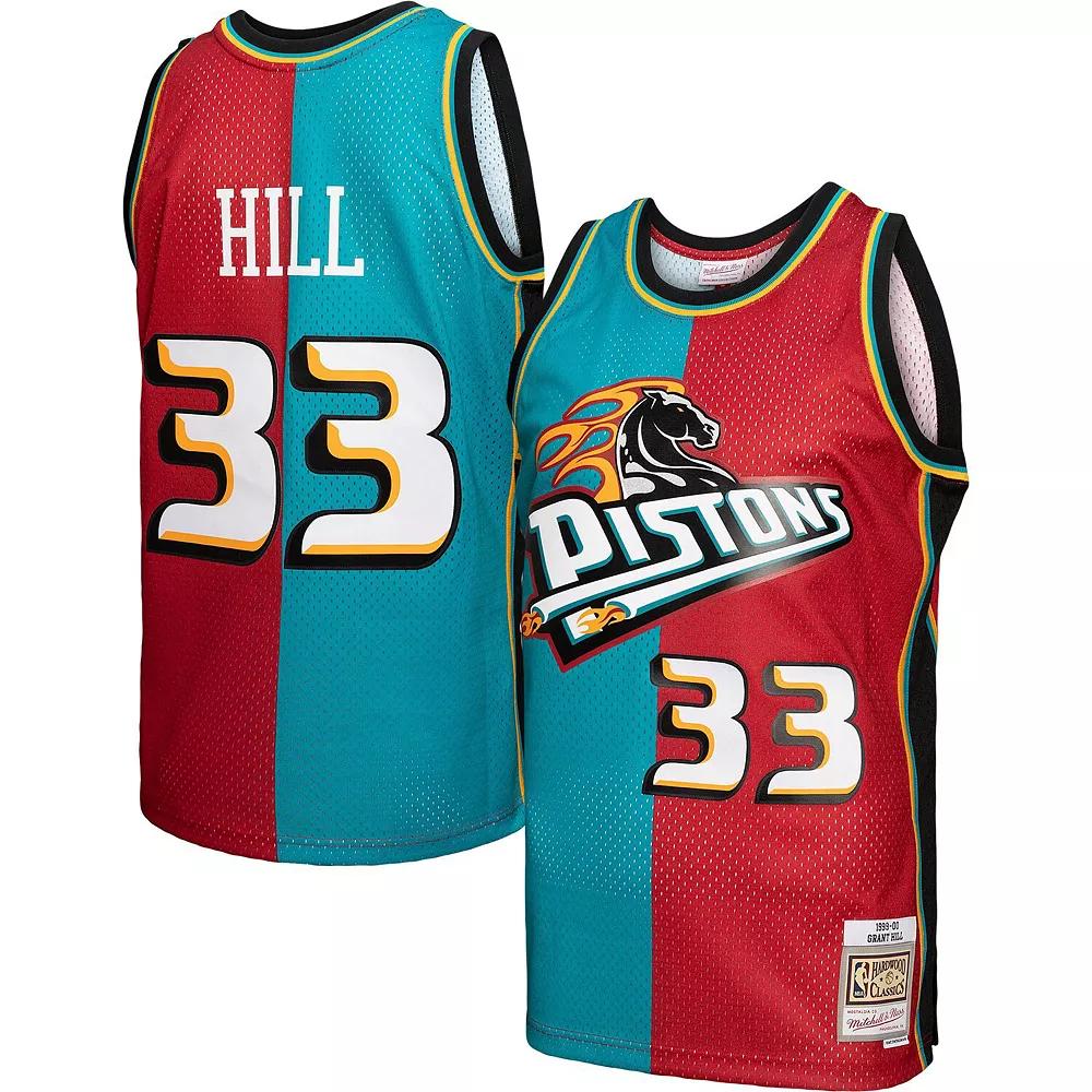 Men's Mitchell & Ness Grant Hill Teal/Red Detroit Pistons Hardwood Classics 1999-00 Split Swingman Jersey, Size: Large, Pis Blue Product Image