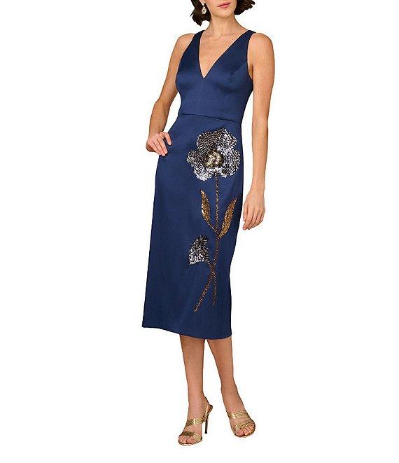 Aidan Mattox Stretch Mikado V-Neck Beaded Sheath Midi Dress Product Image