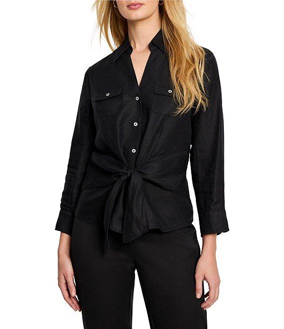 NIC + ZOE Iconic Woven Point Collar V-Neck 3/4 Sleeve Tie Front Shirt Product Image