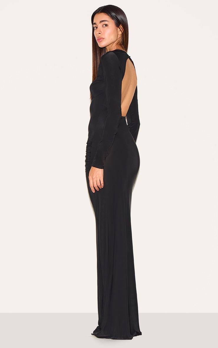 Black Slinky Long Sleeve Open Back Maxi Dress Product Image