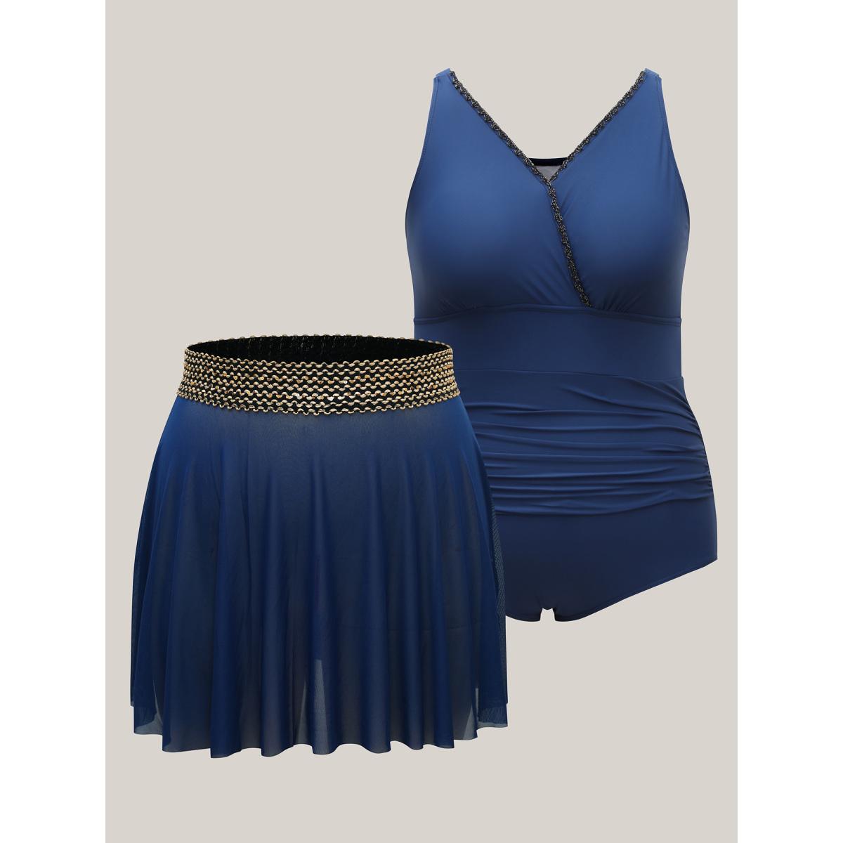 Plus Size 2-in-1 Embroidered Surplice Swim Dress Women's Swimwear Indigo Beach Bodycon Overlap Collar High stretch Curve Swim Dresses BloomChic 30/6X Product Image