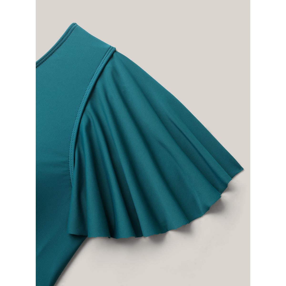Plus Size Belted Lotus Leaf Sleeve Swim Dress Women's Swimwear Teal Beach Bodycon Overlap Collar High stretch Curve Swim Dresses BloomChic 28/5X Product Image