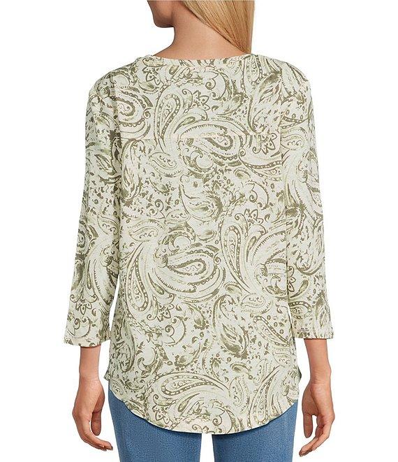 Westbound Petite Size Olive Paisley Swirl 3/4 Sleeve Crew Neck Knit Top Product Image