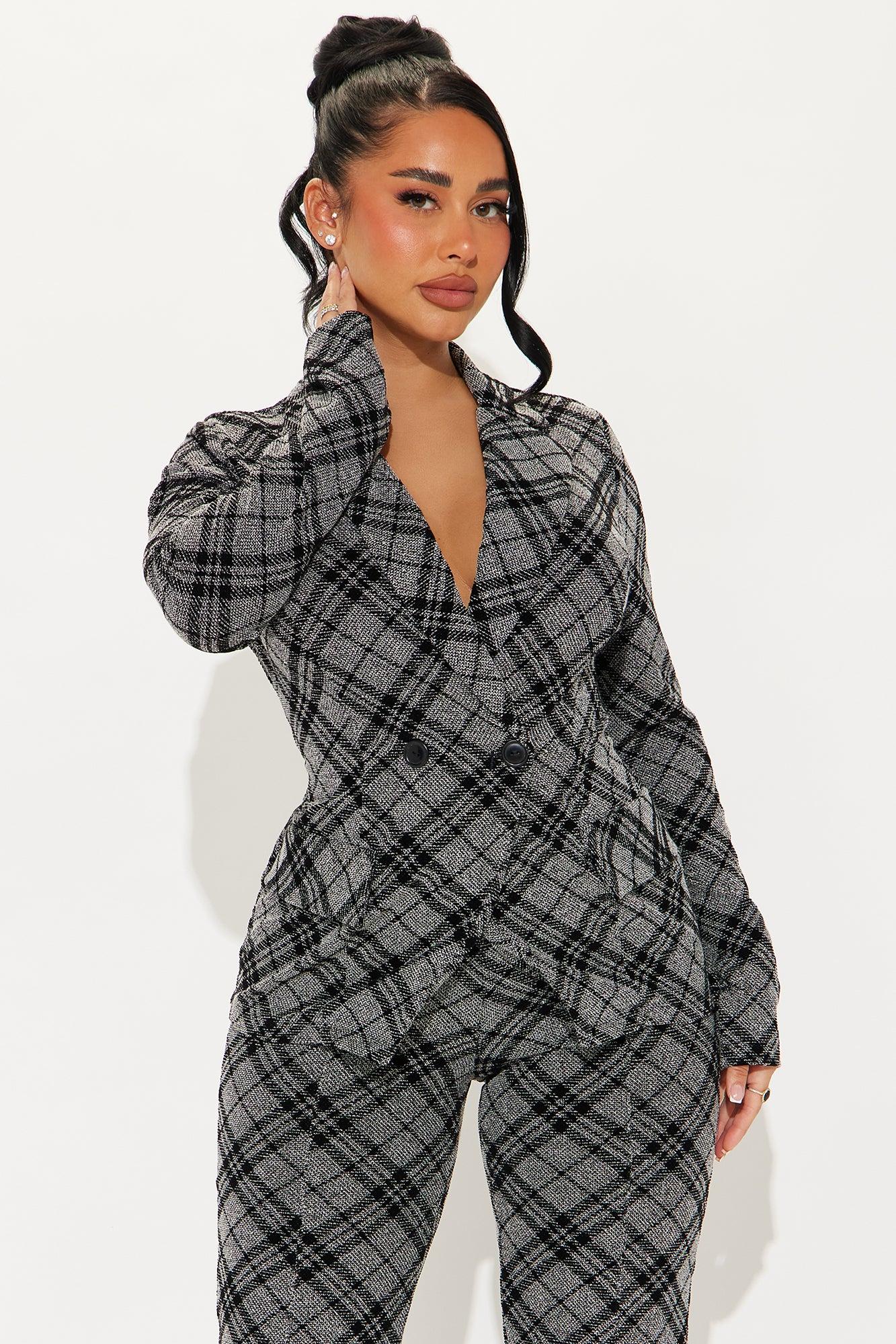 Lady Boss Plaid Blazer Pant Set - Black/combo Female Product Image