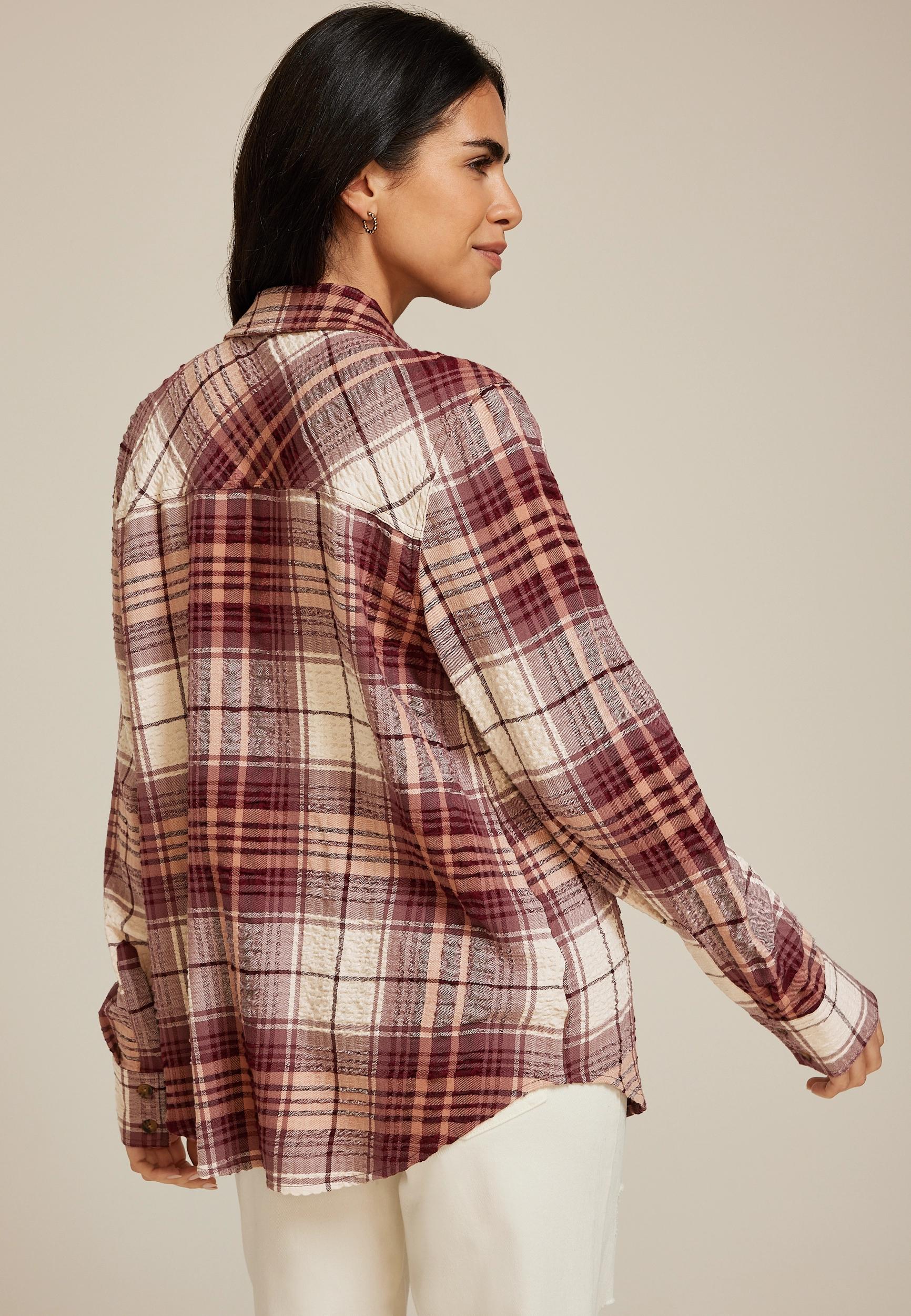 Maurices Womens Pucker Plaid Button Down Shirt Product Image