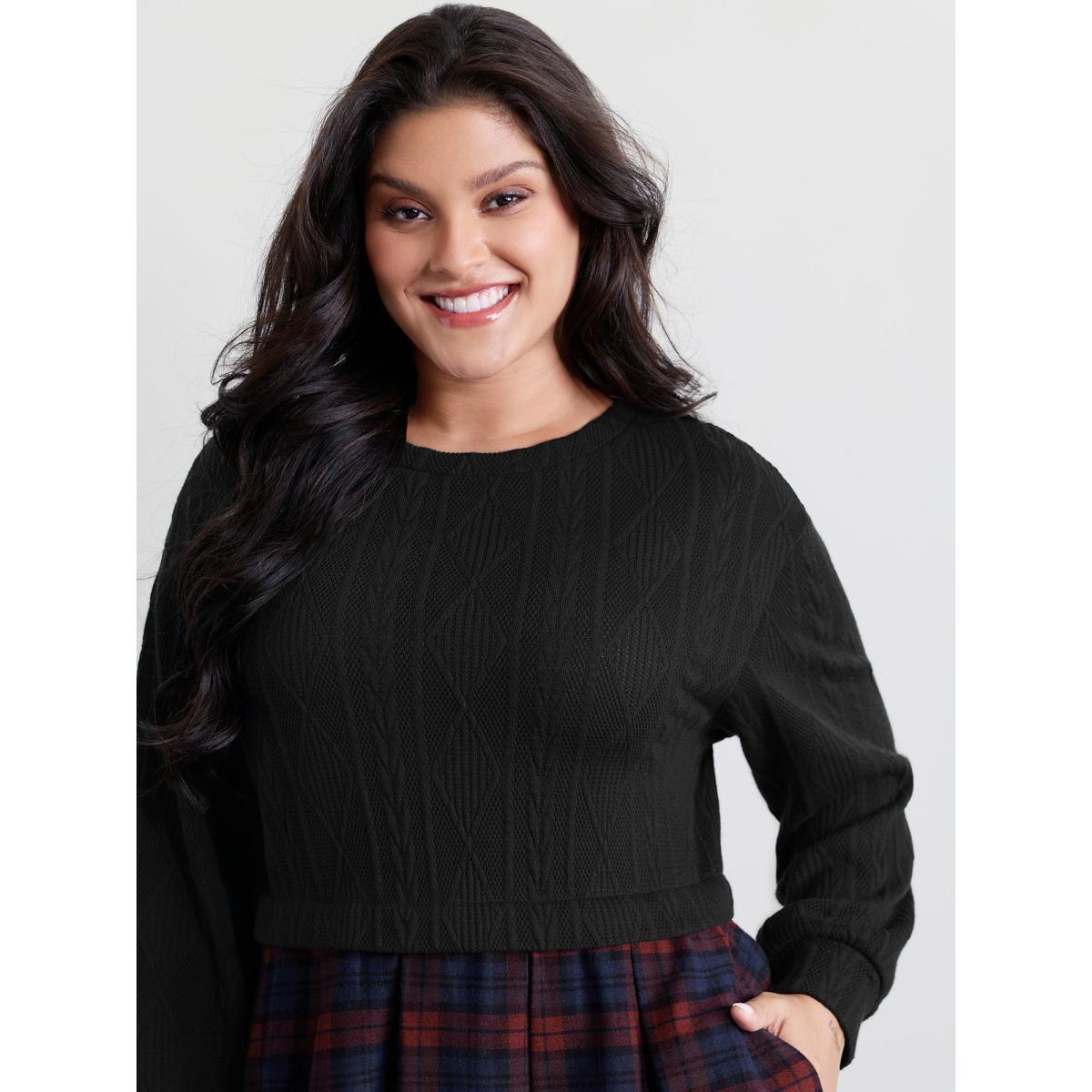 Plus Size Layered Plaid Pockets Midi Dress Black Women Leisure Round Neck Long Sleeve Curvy BloomChic 14-16/1X Product Image