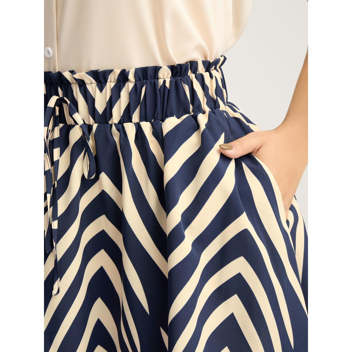 Plus Size Stretchy Waist Tie Geometric Midi Skirt Women DarkBlue Loose No stretch Side seam pocket Belt Work Skirts BloomChic 22-24/3X Product Image