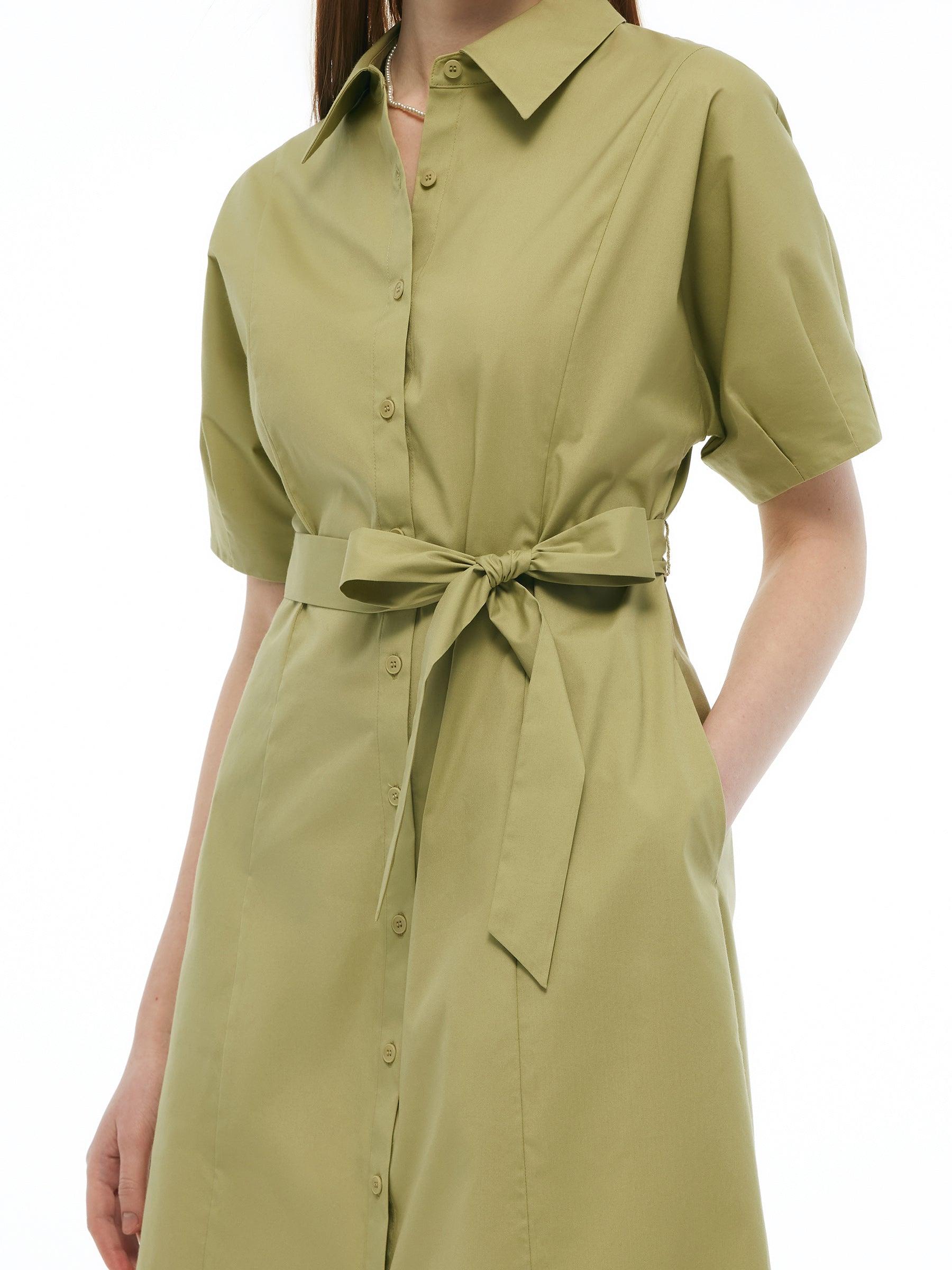 Gathered Waist Stretch Women Maxi Shirt Dress With Belt Product Image