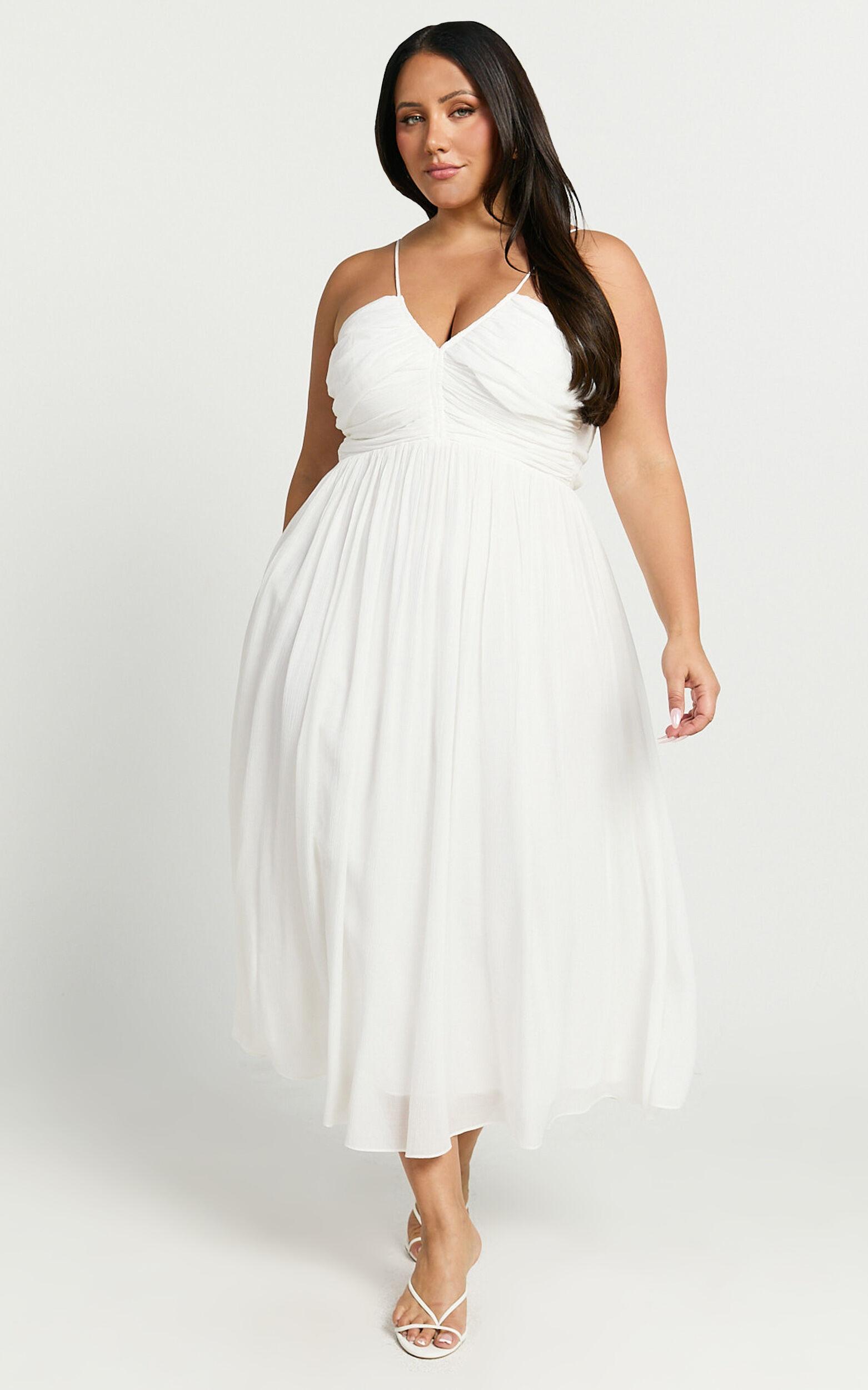 Roza Midi Dress - Ruched Bodice Dress in White Product Image