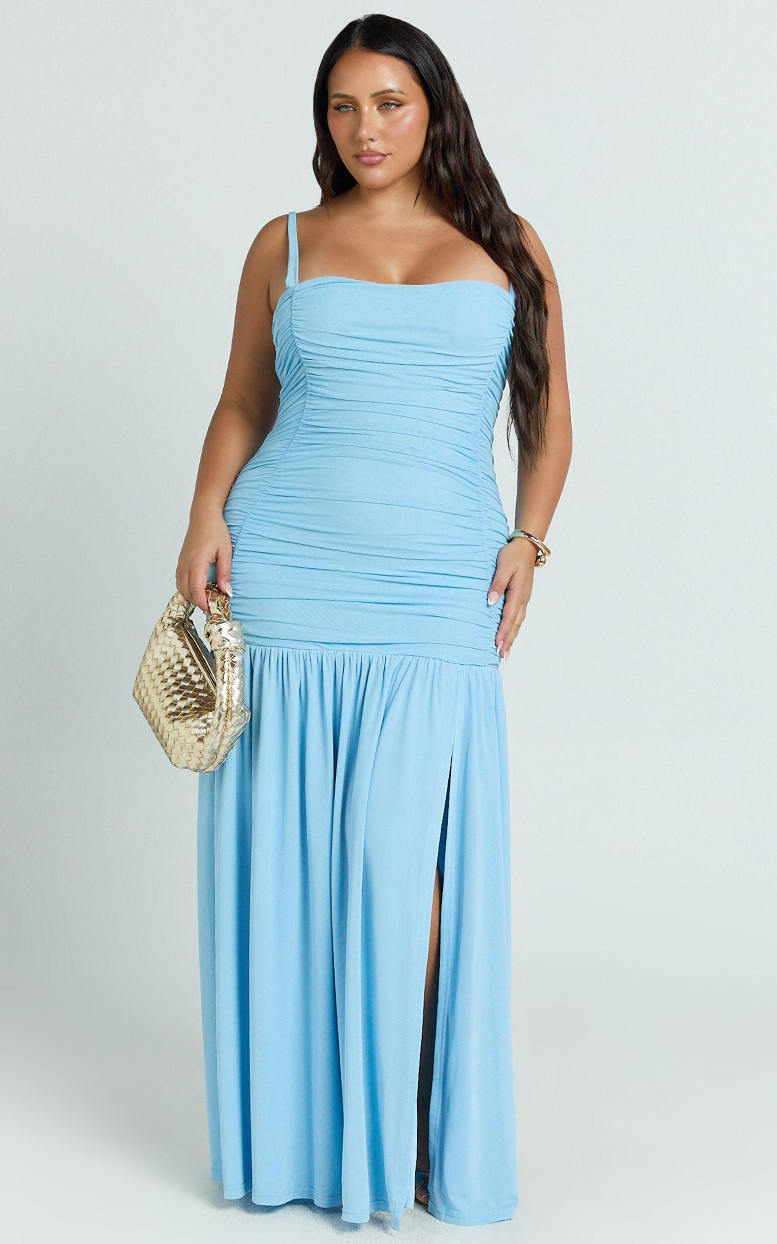 Zora Mini Dress - One Shoulder Ruched Bodycon Dress in Blue Product Image