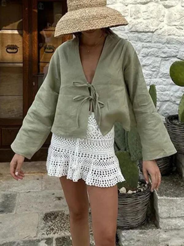 Lace-Up Solid Color V-Neck Blouses&Shirts Tops Product Image