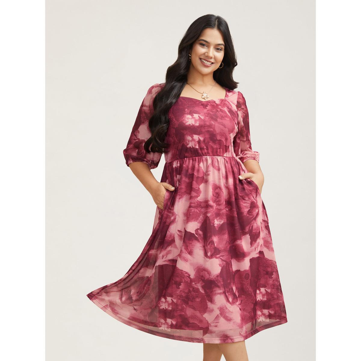 Plus Size Ombre Gradient Mesh Puff Sleeve Midi Dress RedViolet Women Elegant Heart neckline Elbow-length sleeve Curvy BloomChic 22-24/3X Product Image