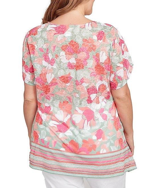 Ruby Rd. Plus Size Jersey Knit Floral Stripe Border Print Round Neck Short Sleeve Sharkbite Hem Top Product Image
