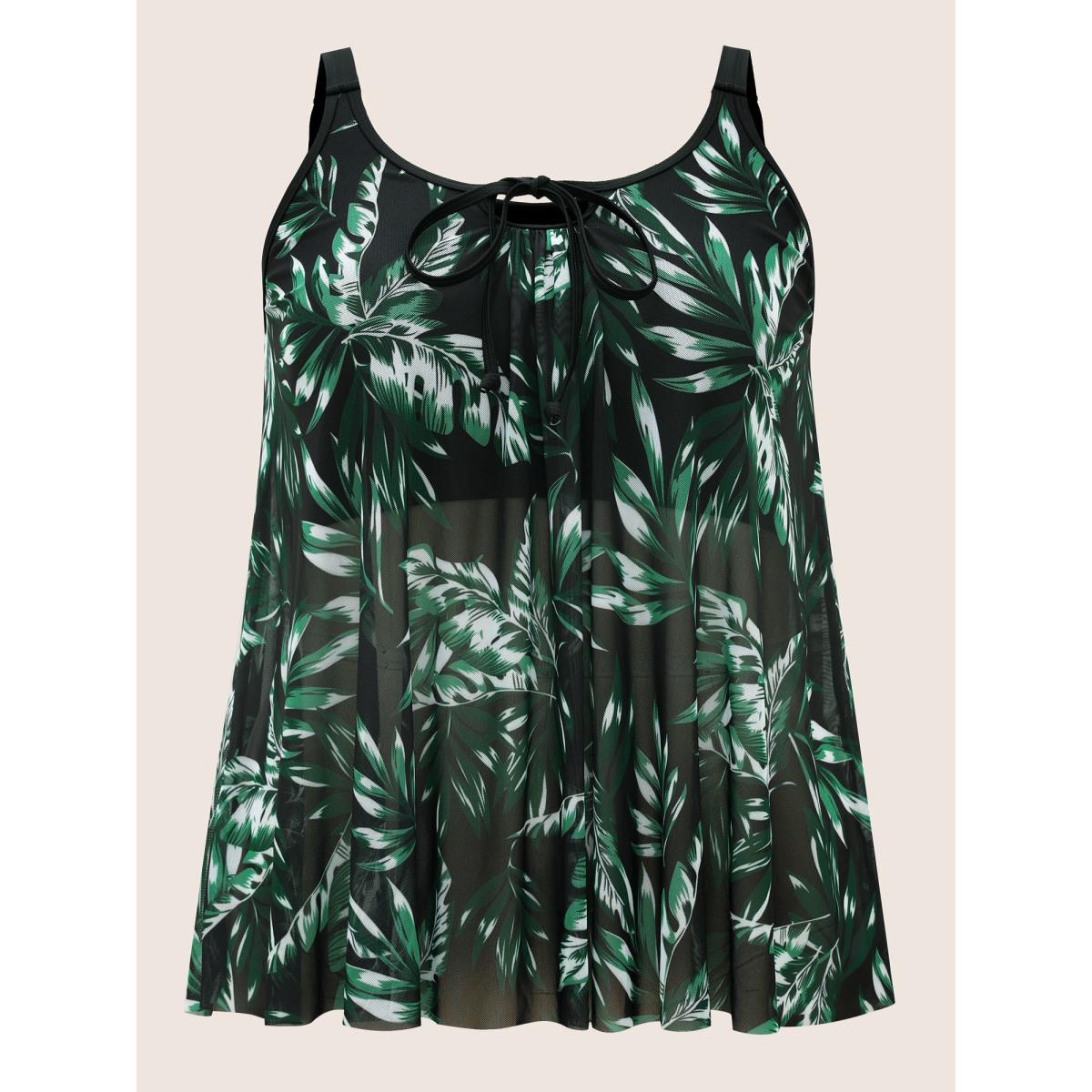 Plus Size Tropical Print Tiered Mesh Tie Knot Swim Top Women's Swimwear Black Beach Tie knot High stretch Bodycon U-neck Curve Swim Tops BloomChic 10/M Product Image