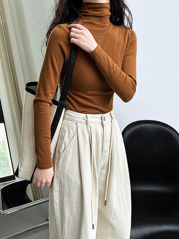 Long Sleeves Skinny Solid Color Split-Joint High Neck T-Shirts Product Image