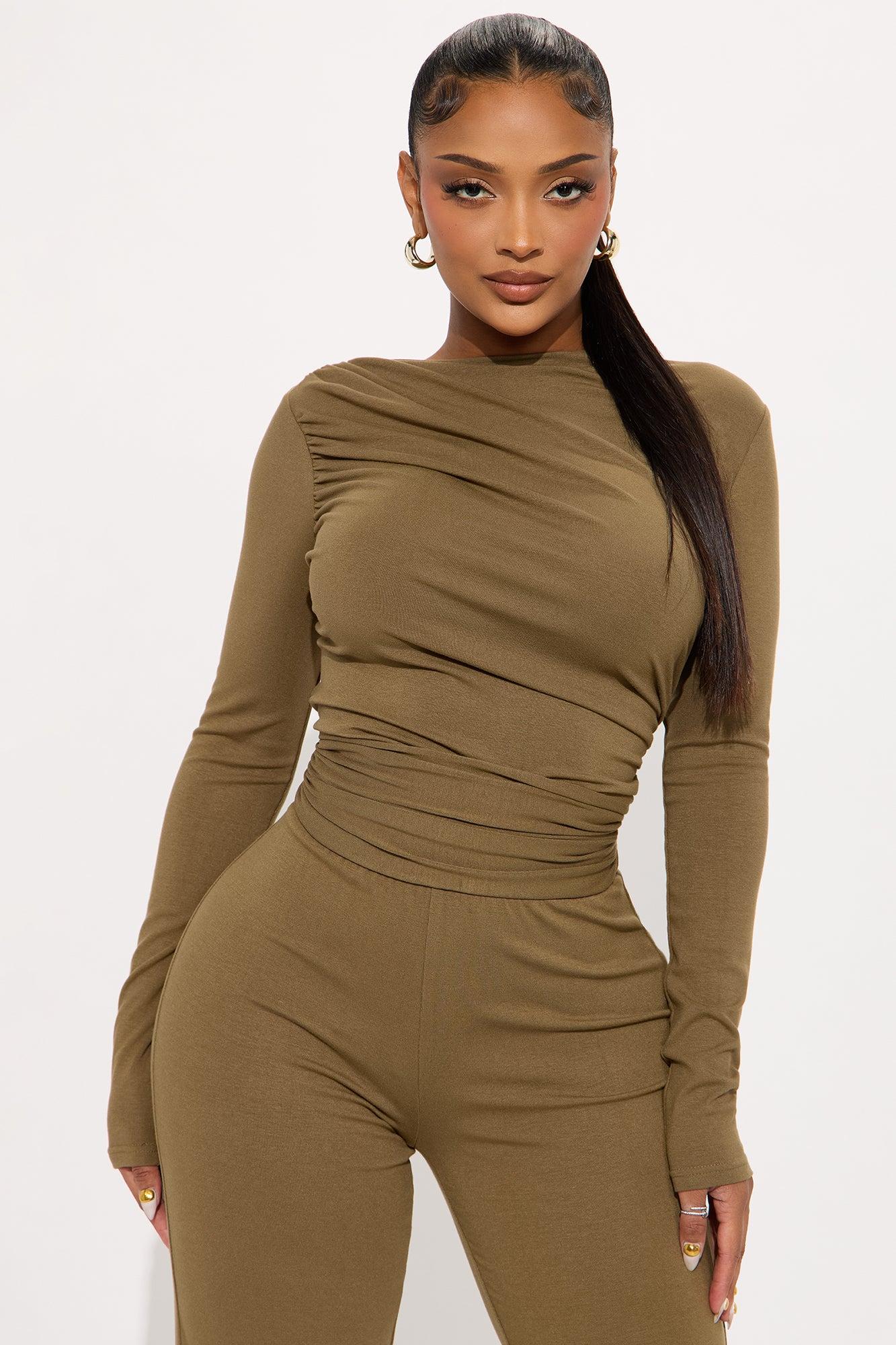 Isabella Ribbed Long Sleeve Jumpsuit - Olive Female Product Image