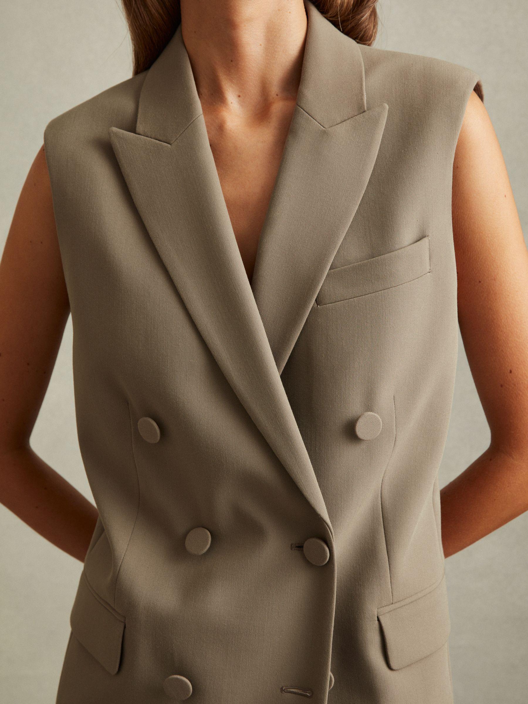 Petite Double Breasted Longline Suit Waistcoat in Khaki Product Image