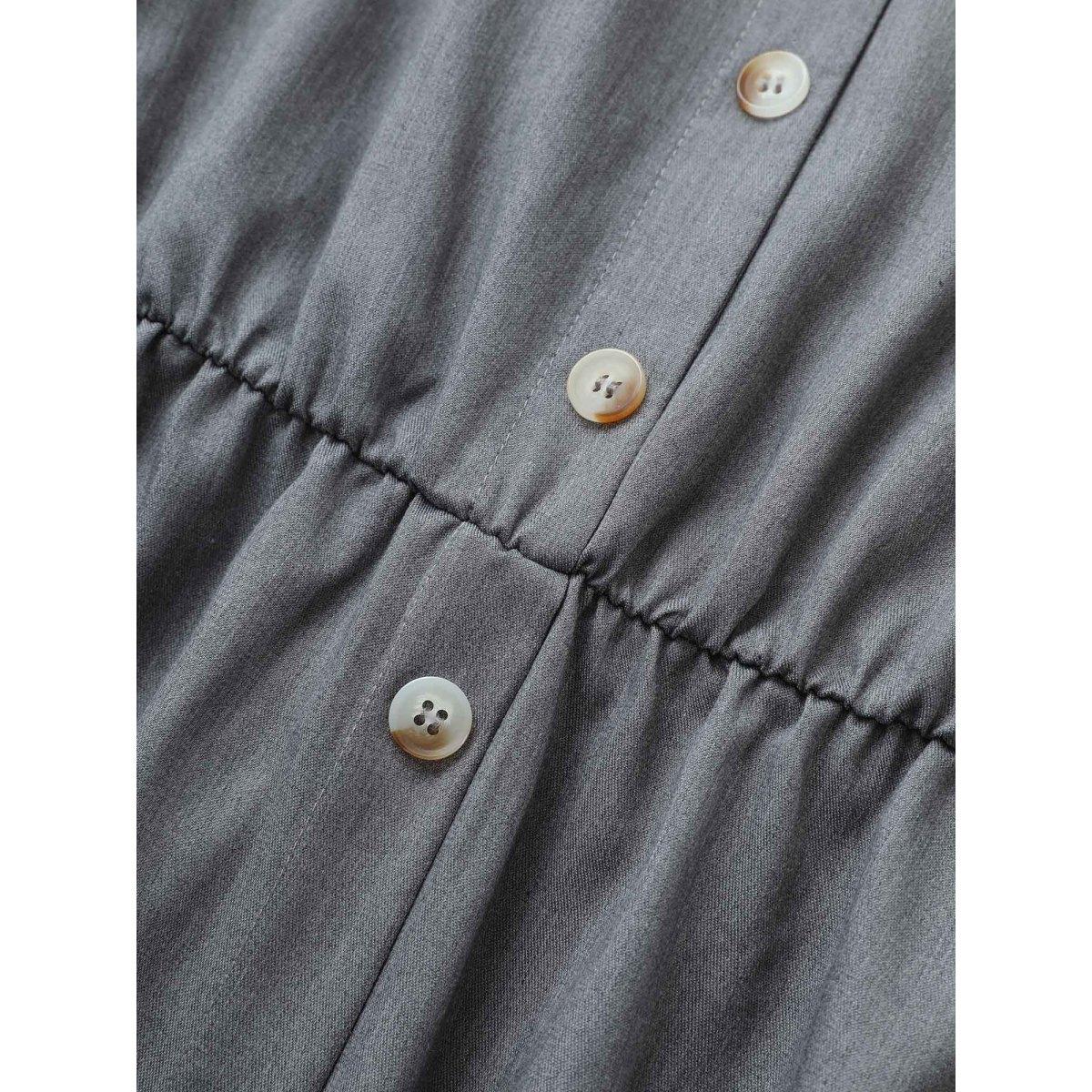 Plus Size Notched Button Detail Elastic Waist Belted Dress Gray Women At the Office Non Notched collar Short sleeve Curvy Midi Dress BloomChic 12/L Product Image