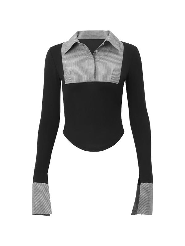 Stripe Splice Polo Neck Long Sleeve Blouse Product Image