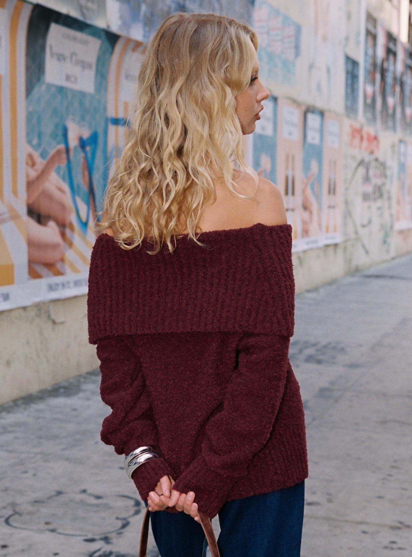 Parkley Boucle Off The Shoulder Sweater Burgundy Product Image