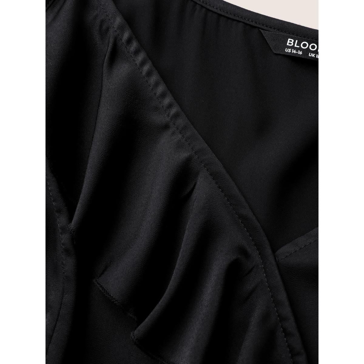 Plus Size Satin Overlap Collar Ruffles Cami Dress Black Women Formal Ruffles V-neck Sleeveless Curvy BloomChic 12/L Product Image