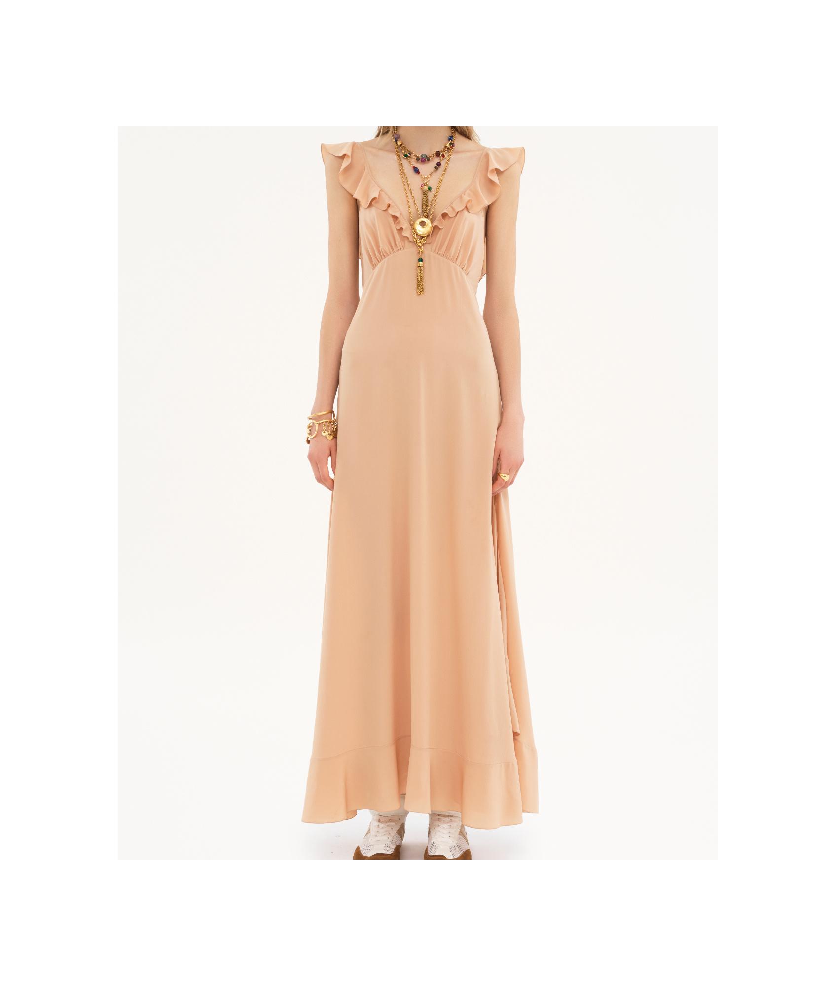 CHLOÉ Long Silk Dress With Flared Skirt And Ruffled Straps In Beige Product Image