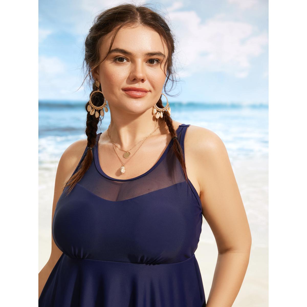 Plus Size Solid Mesh Patchwork Laser Cut Swim Dress Women's Swimwear Indigo Beach Bodycon Round Neck High stretch Curve Swim Dresses BloomChic 10/M Product Image