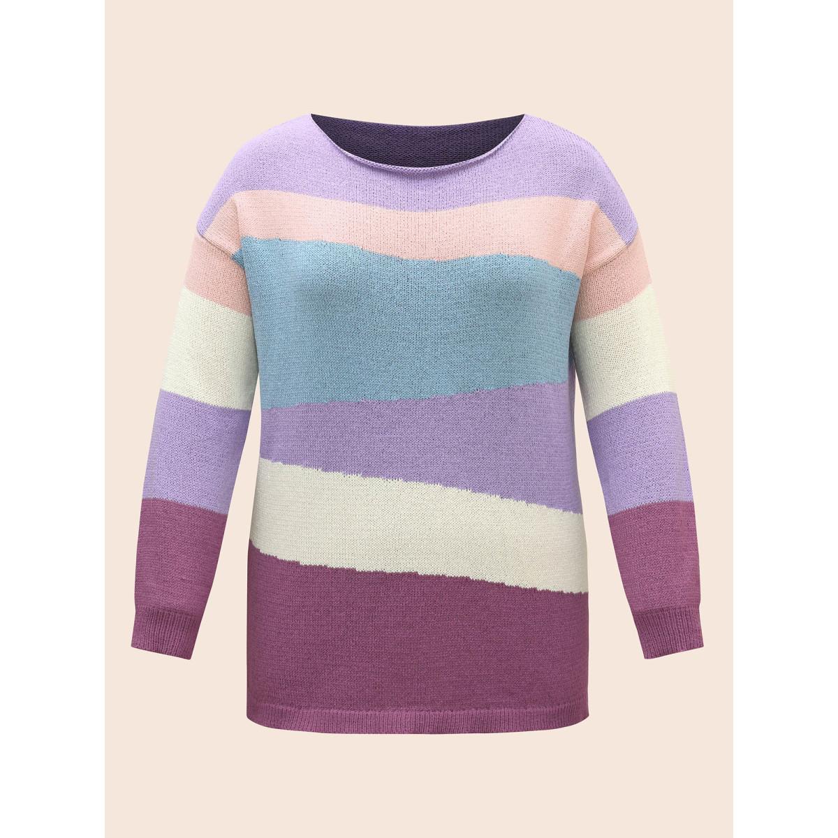 Plus Size Colorblock Contrast Boat Neck Drop Shoulder Pullover Multicolor Women Casual Long Sleeve Boat Neck Everyday Pullovers BloomChic 12/L Product Image