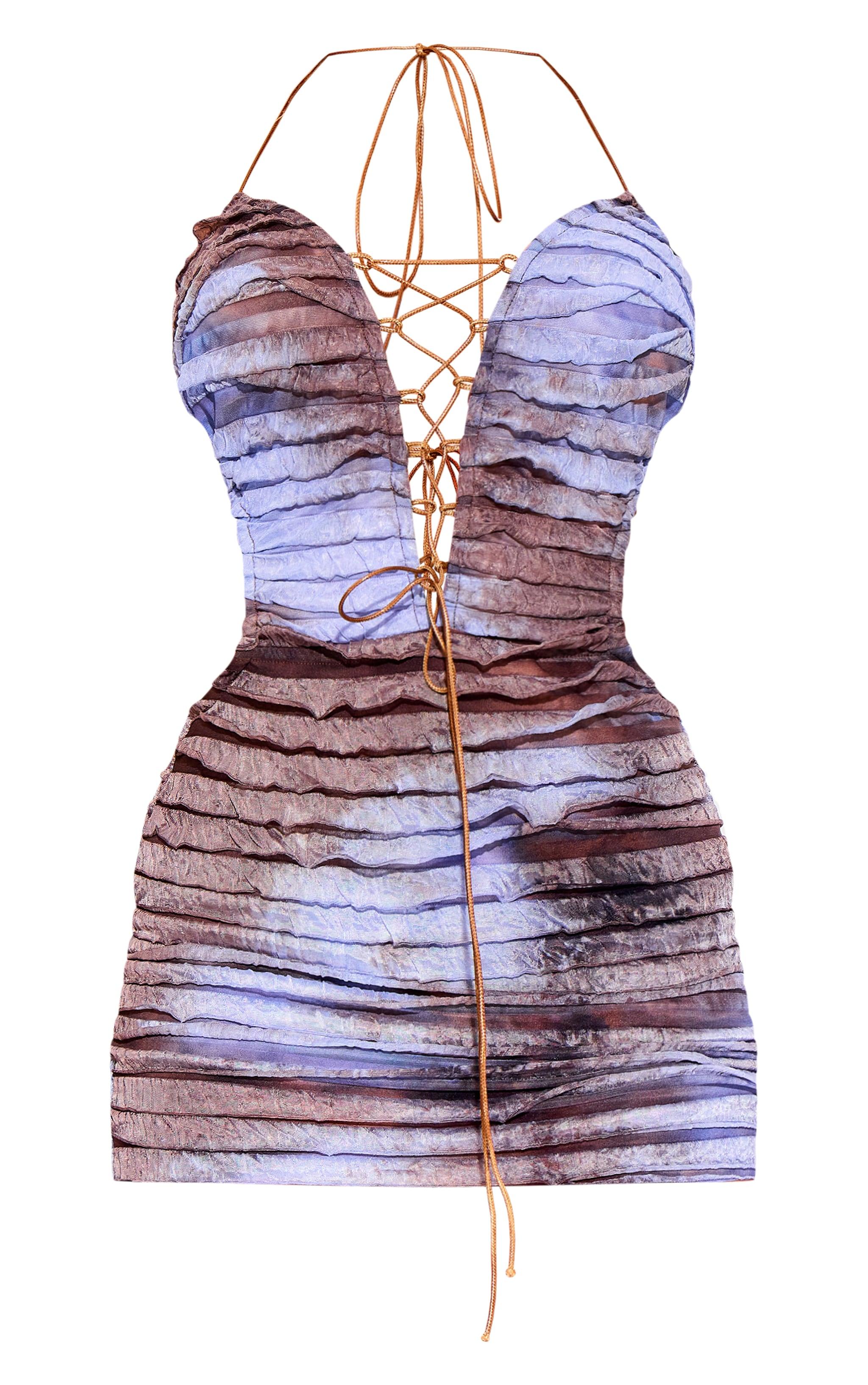 Blue Tie Dye Texture Frill Detail Cut Out Mini Dress Product Image