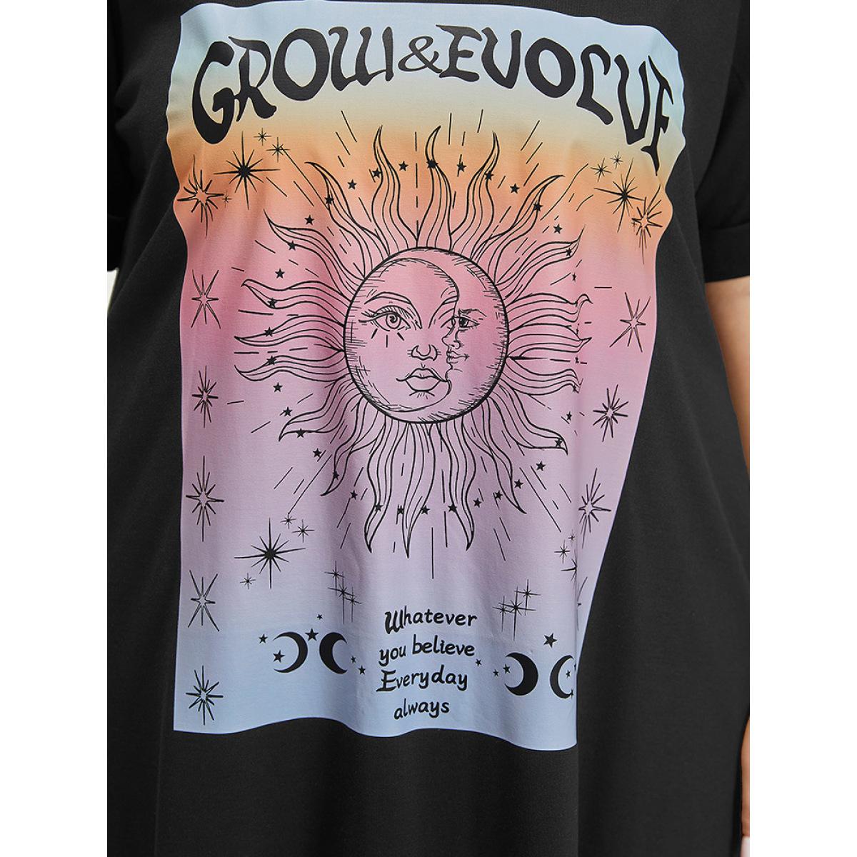 Plus Size Supersoft Essentials Horoscope Print Pocket Roll Sleeve Dress Black Women Casual Plain V-neck Short sleeve Curvy Midi Dress BloomChic 18-20/2X Product Image