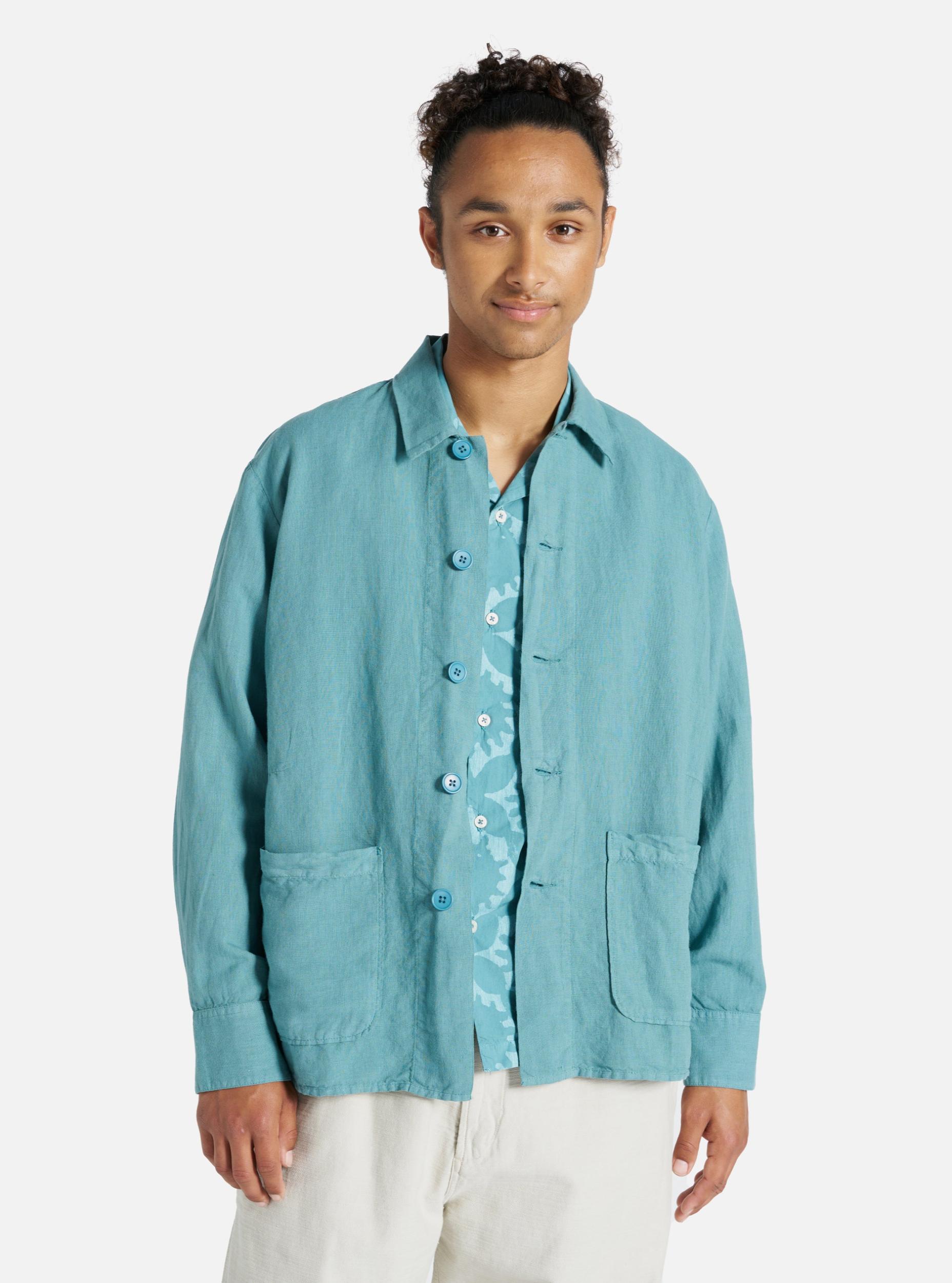 Universal Works Travail Shirt in Sea Blue Linen Cotton Shirting Product Image